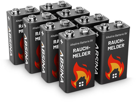 Absina 8er Pack Alkaline 9V 6LR61 Block-Batterien ideal für Rauchmelder, Rauchwarnmelder, Messgeräte, Spielzeuge und Weitere