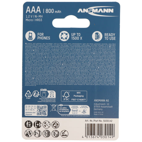 Ansmann Telefon Akku AAA NiMH 800mAh ideal für schnurlose DECT Telefon
