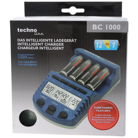 Technoline BC1000 Schnell-Ladegerät mit LCD-Display, Entladefunktion, Akku