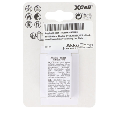 XCell Batterie Alkaline 9 Volt, 6LR61, 9V E-Block, umweltfreundliche Verpackung, 1er Blister