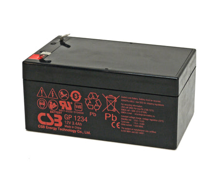 CSB-GP1234 12 Volt 3,4 Ah AGM Akku mit 4,8mm Anschluss VDS G124030, Abmessungen 134x67x65 mm