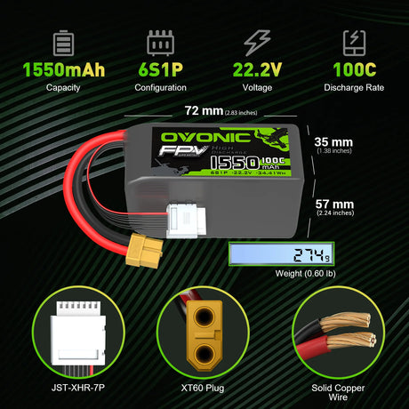 Ovonic FPV 6S 1550mAh 6S 100C LiPo Akku 22,2V Pack mit XT60-Stecker (4 Stück)
