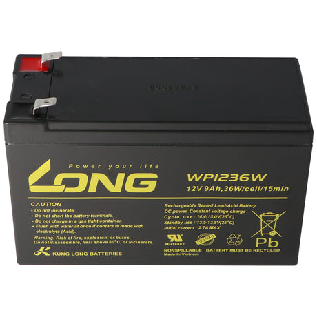 Kung Long WP1236W 12Volt 36W Blei Akku mit 9Ah, 6,3mm Faston Steckkontakt Tab 250