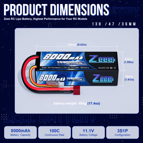 Zeee 3S Lipo Akku 8000mAh 11.1V 100C Dean Hardcase