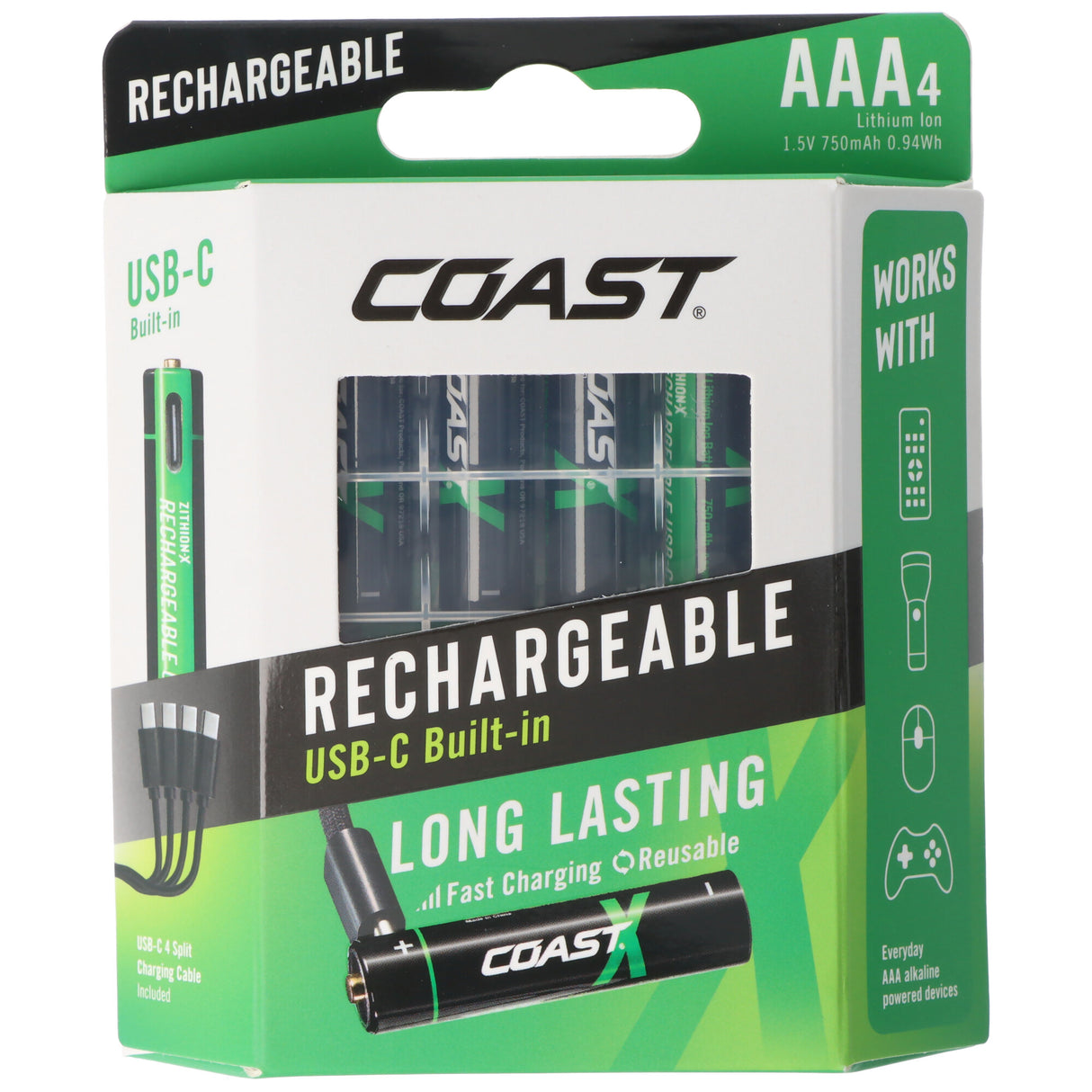 COAST 750mAh Micro AAA 1,5V ZITHION-X® Lithium-Ionen Akkus, inkl. 4in1 USB-C Ladekabel