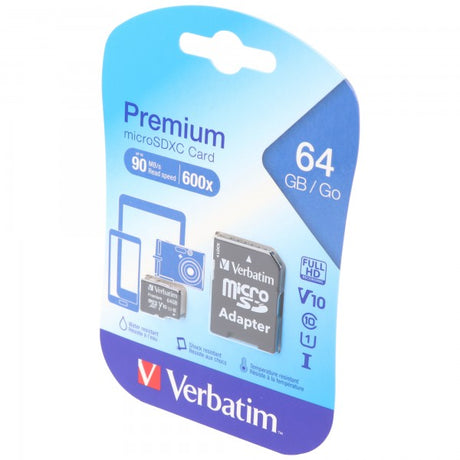 Verbatim microSDXC Card 64GB, Premium, Class 10, U1 (R) 90MB/s, (W) 10MB/s, SD Adapter, Retail-Blister