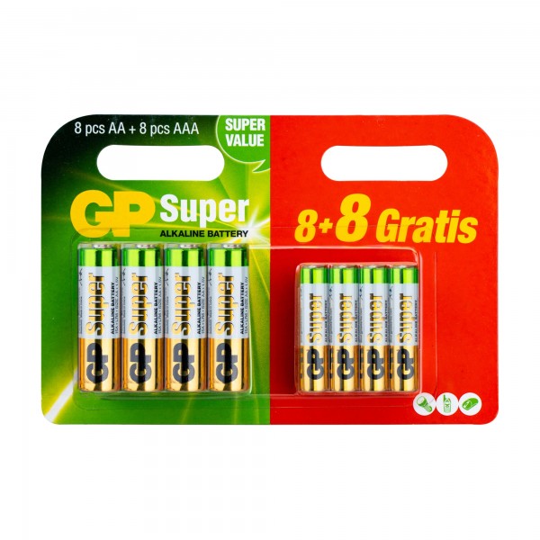 GP Alkaline Super Mixblister AAA Micro und AA Mignon Batterien Super 1,5V 8+8 Stück