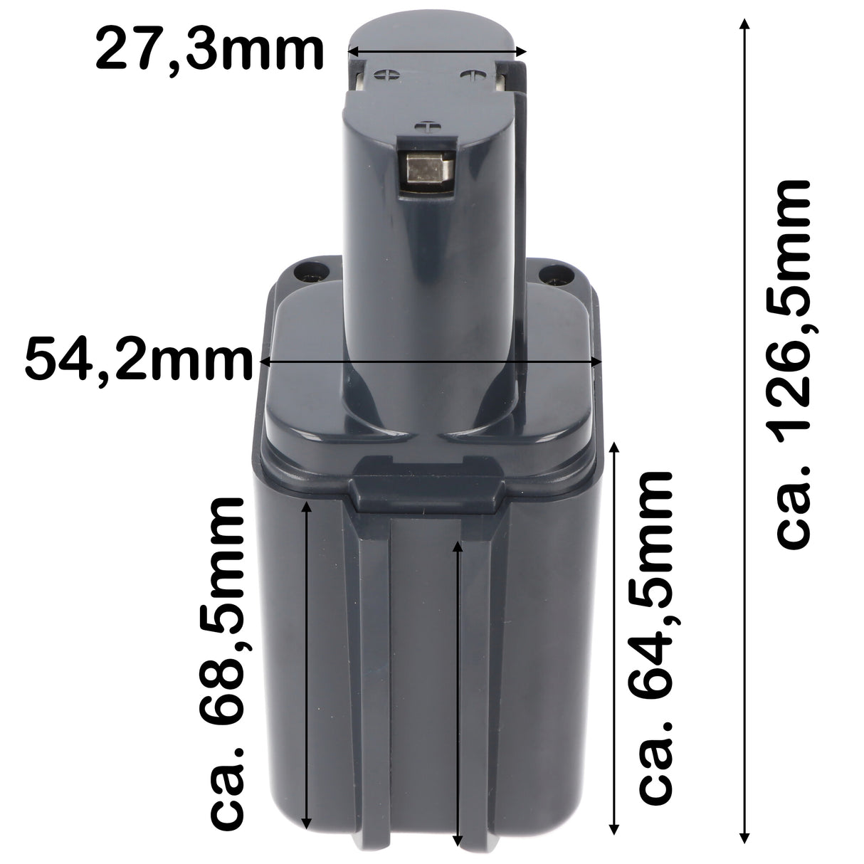 AccuCell Akku passend für Bosch 2607300002 9,6 Volt 2Ah schmal Abmessungen 126x70x54mm und Bilder exakt vergleichen
