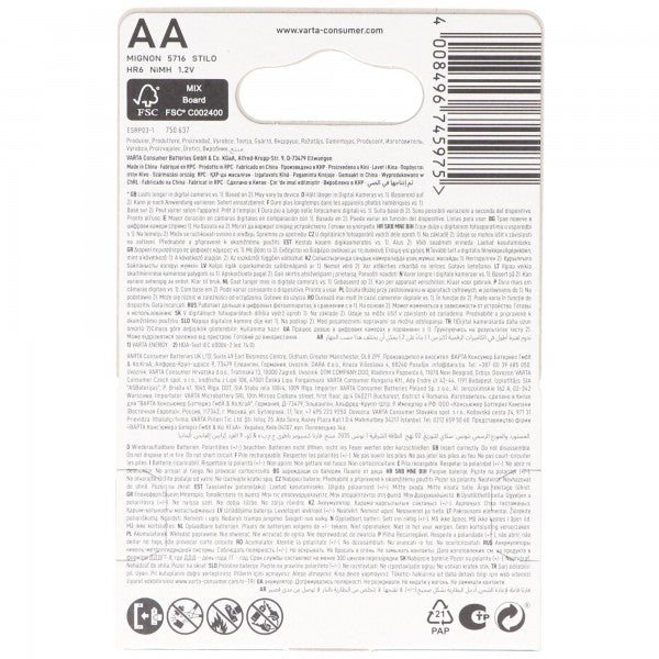 VARTA Akkus AA 1,2V 2600mAh Mignon AA LR6 4er Blister