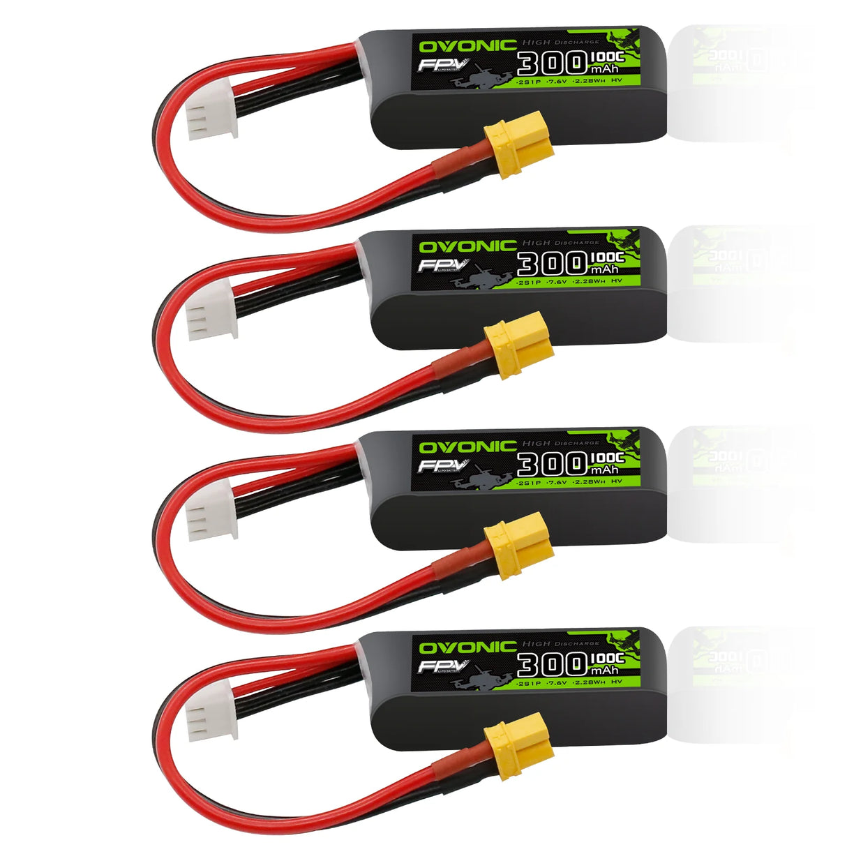 OVONIC FPV 2S 300mAh Lipo Akku 2S1P 100C 7,6V LiHV LiPo Akku mit XT30 Stecker (4 Stück)