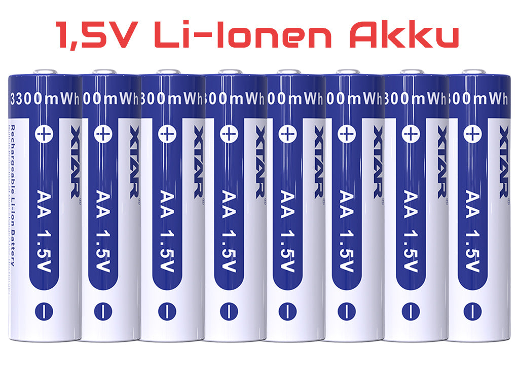 Xtar L8 – Ladegerät + 8x AA (Mignon) LR6 1,5V Li-Ion Akkus zzgl. USB QC3.0 Netzteil