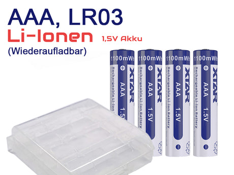 XTAR AAA 1,5V 1100mWh (ca. 700mAh) LI-Ion Akku mit Aufbewahrungsbox (4 Stück)