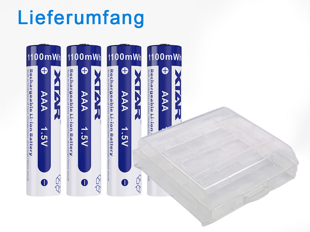 XTAR AAA 1,5V 1100mWh (ca. 700mAh) LI-Ion Akku mit Aufbewahrungsbox (4 Stück)