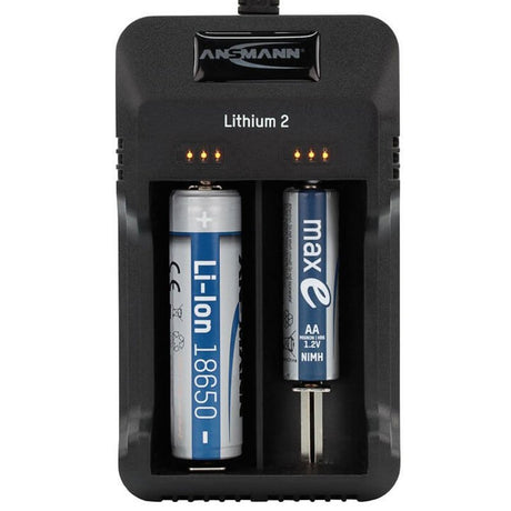 ANSMANN Lithium 2 Ladegerät für 1-2 Li-Ion Akku 3,6V, 3,7V mit LED-Ladestatusanzeigen, schwarz