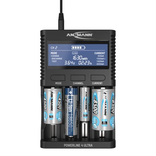 Ansmann Powerline 4 Ultra Universal-Ladegerät, für 1,2V NiMH Akkus und 3,7V Li-Ion Akkus, 4 Ladeschächte