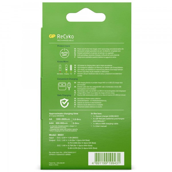 USB-Modell Ladegerät GP M451 Mainstream-Line 4 x ReCyko AAA 950 mAh