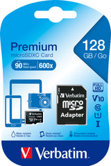 Verbatim microSDXC Card 128GB Premium Class 10 U1 (R) 90MB/s (W) 10MB/s SD Adapter