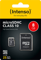Intenso microSDHC Card 8GB, Class 10 (R) 25MB/s, (W) 10MB/s, SD-Adapter, Retail-Blister