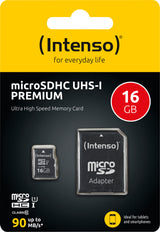 Intenso microSDHC Card 32GB, Premium, Class 10, U1 (R) 90MB/s, (W) 10MB/s, SD-Adapter, Retail-Blister