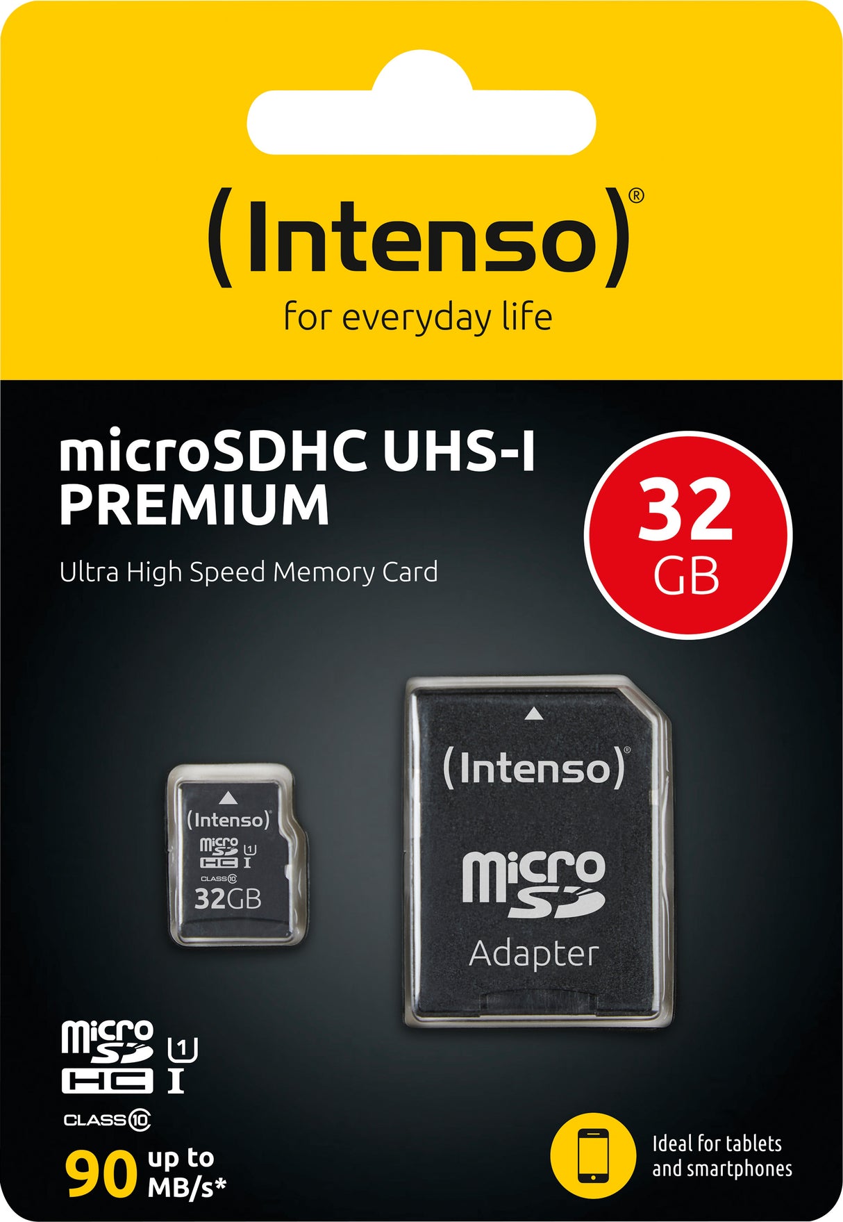 Intenso microSDHC Card 32GB, Premium, Class 10, U1 (R) 90MB/s, (W) 10MB/s, SD-Adapter, Retail-Blister