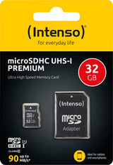 Intenso microSDHC Card 32GB, Premium, Class 10, U1 (R) 90MB/s, (W) 10MB/s, SD-Adapter, Retail-Blister