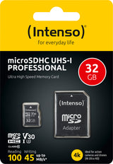 Intenso microSDHC Card 32GB, Premium, Class 10, U1 (R) 90MB/s, (W) 10MB/s, SD-Adapter, Retail-Blister