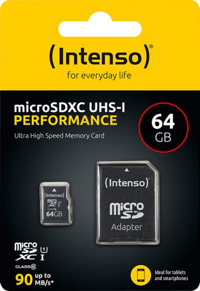 Intenso microSDXC Card 64GB, Performance, Class 10, U1 (R) 90MB/s, (W) 10MB/s, SD-Adapter, Retail-Blister