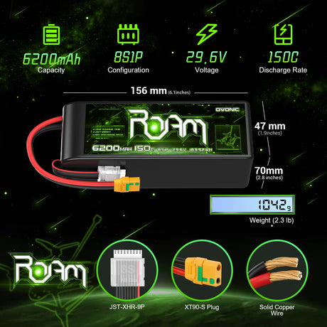 Ovonic Roam Serie 8S 6200mAh 8S1P 150C 29,6V Lipo Akku XT90 Anti-Blitz Stecker