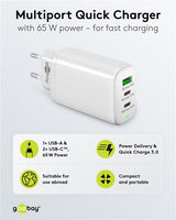Goobay USB-C™ PD 3-fach Multiport-Schnellladegerät (65 W) weiß - 2x USB-C™-Anschlüsse (Power Delivery) und 1x USB-A-Anschluss (Quick Charge) - weiß