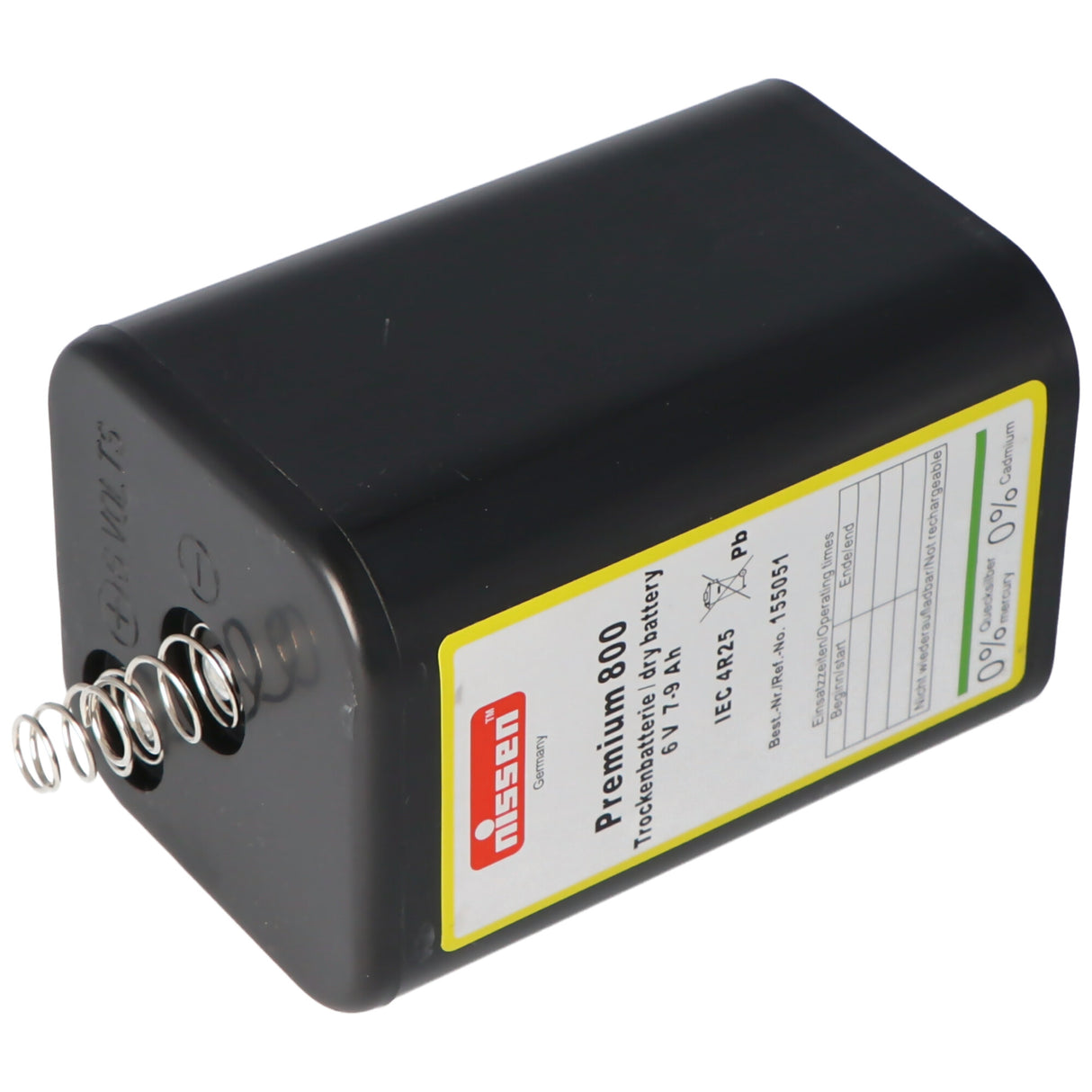 Nissen Premium 800 4R25 Batterie 6 Volt max. 9000mAh Kapazität, Trockenbatterie Nissen 4R25 ohne Quecksilber und Cadmium