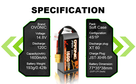 Ovonic FPV 4S 1600mAh 120C 14,8V FPV Racing XT60 LiPo Akku (2 Stück)