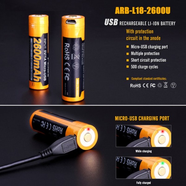 Fenix Li-Ion Akku 18650 3,7V 2600mAh mehrfach geschützt USB Ladefunktion mit AccuCell AccuSafe