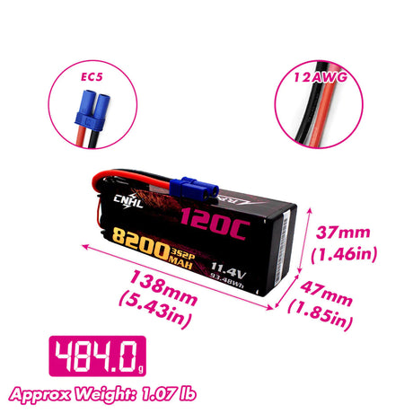 CNHL Racing Series LiHV 3S 8200mAh 11,4V 3S 120C HV Hartschalen-Lipo-Akku mit EC5-Stecker