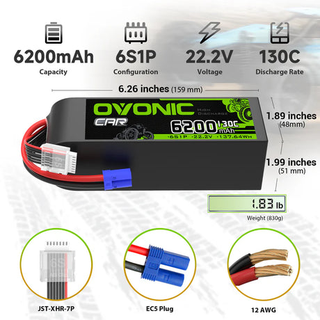 OVONIC 6S 6200mAh 22,2V 130C LiPo-Akku mit EC5-Stecker (2 St.)