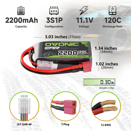 Ovonic Car 3S Short LiPo Akku 11,1V 2200mAh 120C mit Deans-T Stecker (2 St.)