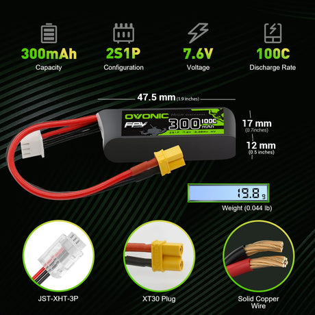 OVONIC FPV 2S 300mAh Lipo Akku 2S1P 100C 7,6V LiHV LiPo Akku mit XT30 Stecker (4 Stück)