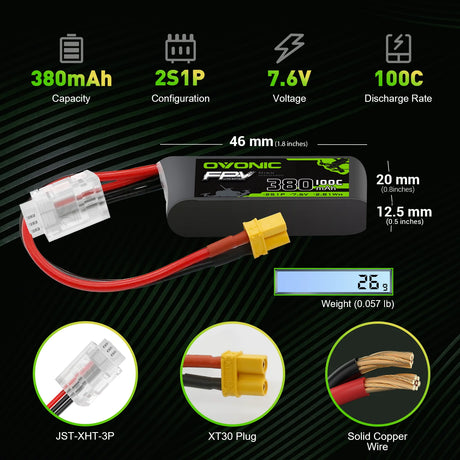 OVONIC FPV 2S 380mAh Lipo Akku 2S1P 100C 7,4V  LiPo Akku mit XT30 Stecker (4 Stück)