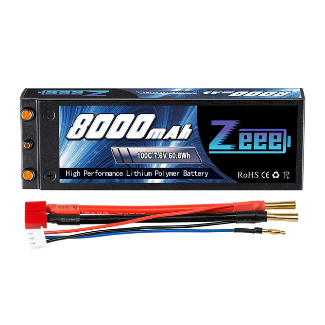 Zeee 2S 8000mAh 7,6V 100C HV LiPo Hardcase 4mm Bullet zu Deans