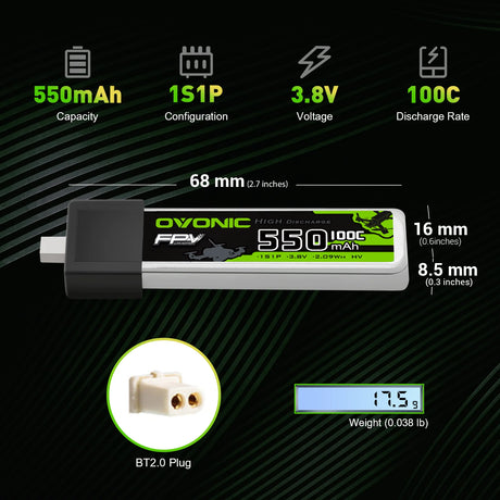 OVONIC FPV 1S 550mAh Lipo Akku 1S1P 100C 3,8V LiHV LiPo Akku mit BT2.0 Stecker (4 Stück)