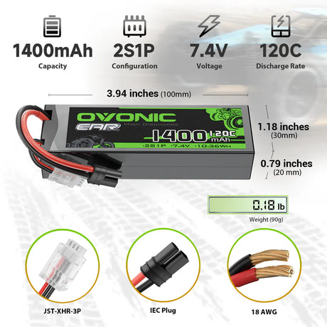 OVONIC CAR 2S 1400mAh 120C 7,4V Lipo-Akku mit IEC-Stecker ( 2 St.)