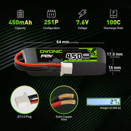 OVONIC FPV 2S 450mAh Lipo Akku 2S1P 100C 7,6V LiHV LiPo-Akku mit BT3.0-Stecker (4 Stück)