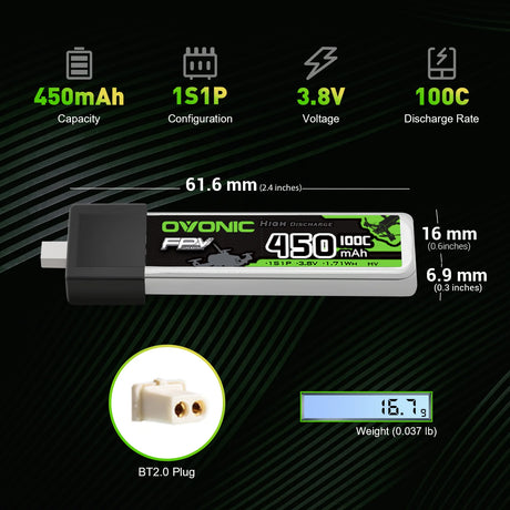 OVONIC FPV 1S 450mAh Lipo Akku 1S1P 35C 3,8V LiHV LiPo-Akku mit BT2.0-Stecker (4 Stück)