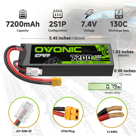 OVONIC CAR 2S 7200mAh Hardcase 7,4V 130C LiPo-Akku mit XT60 auf TRA-Stecker ( 2 St.)