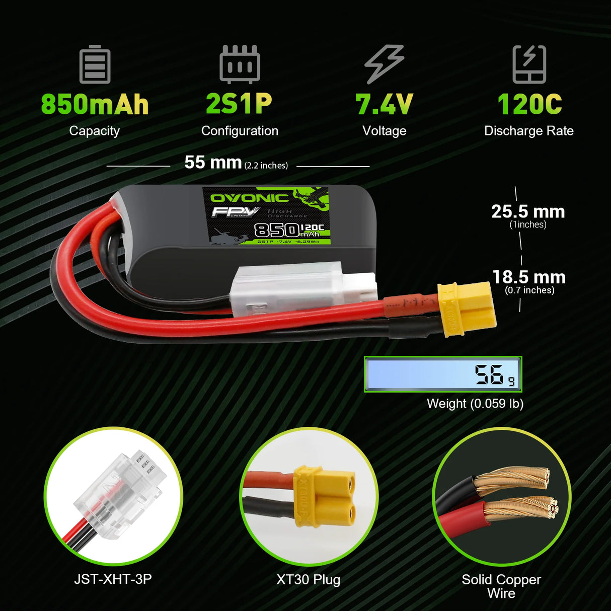OVONIC FPV 2S 850mAh Lipo Akku 2S1P 120C 7,4V LiPo Akku mit XT30 (2 Stück)