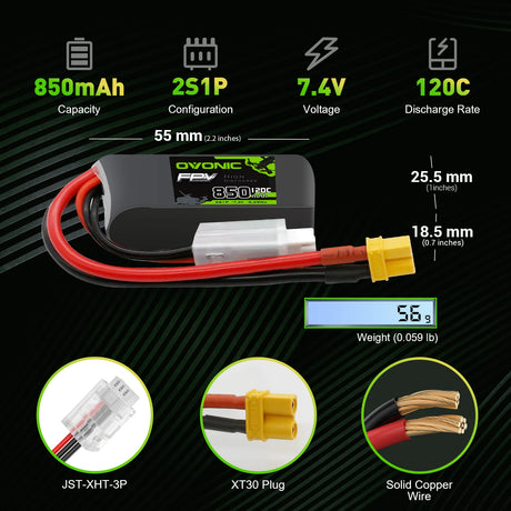 OVONIC FPV 2S 850mAh Lipo Akku 2S1P 120C 7,4V LiPo Akku mit XT30 (2 Stück)
