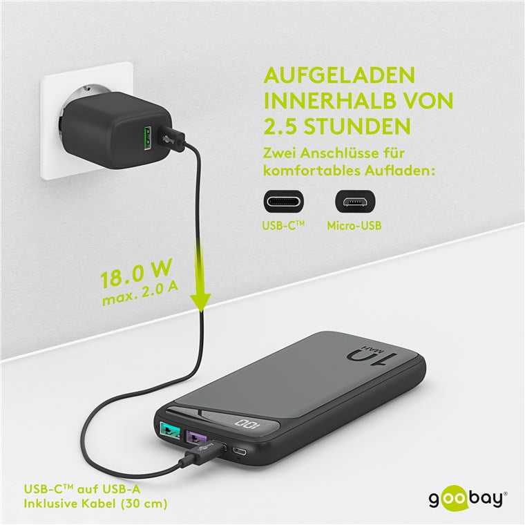 Goobay Schnelllade-Powerbank 10.000 mAh (USB-C™ PD, QC 3.0) - Leistungsstarke Powerbank mit Statusanzeige, Quick Charge-kompatibel