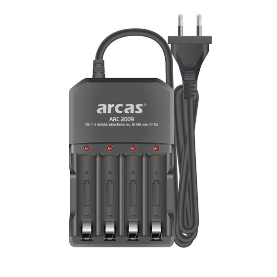Arcas 4-Schacht Ladegerät mit vier unabhängigen Ladekanälen für 1-4 Stück AA und AAA Akkus, ohne automatische Abschaltung, ohne Akkus