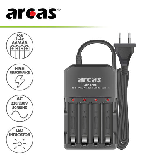 Arcas 4-Schacht Ladegerät mit vier unabhängigen Ladekanälen für 1-4 Stück AA und AAA Akkus, ohne automatische Abschaltung, ohne Akkus