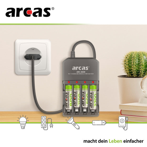 Arcas 4-Schacht Ladegerät mit vier unabhängigen Ladekanälen für 1-4 Stück AA und AAA Akkus, ohne automatische Abschaltung, ohne Akkus