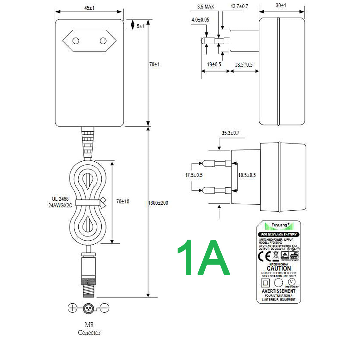 Fuyuang 21,6V - 22,2V (25,5V) Li-Ion-Ladegerät 6S + DC-Plug (5,5mm-2,1mm)